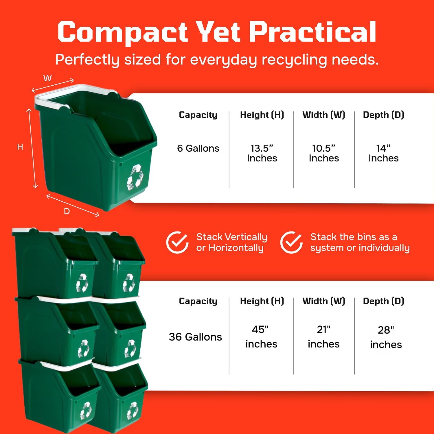Multi Recycling Bin System with Three Stacking 6 Gallon Bins with Carrying Handles, Stackable and Compact for Offices, Homes, Garages, Businesses - (Green, 6 Pack)