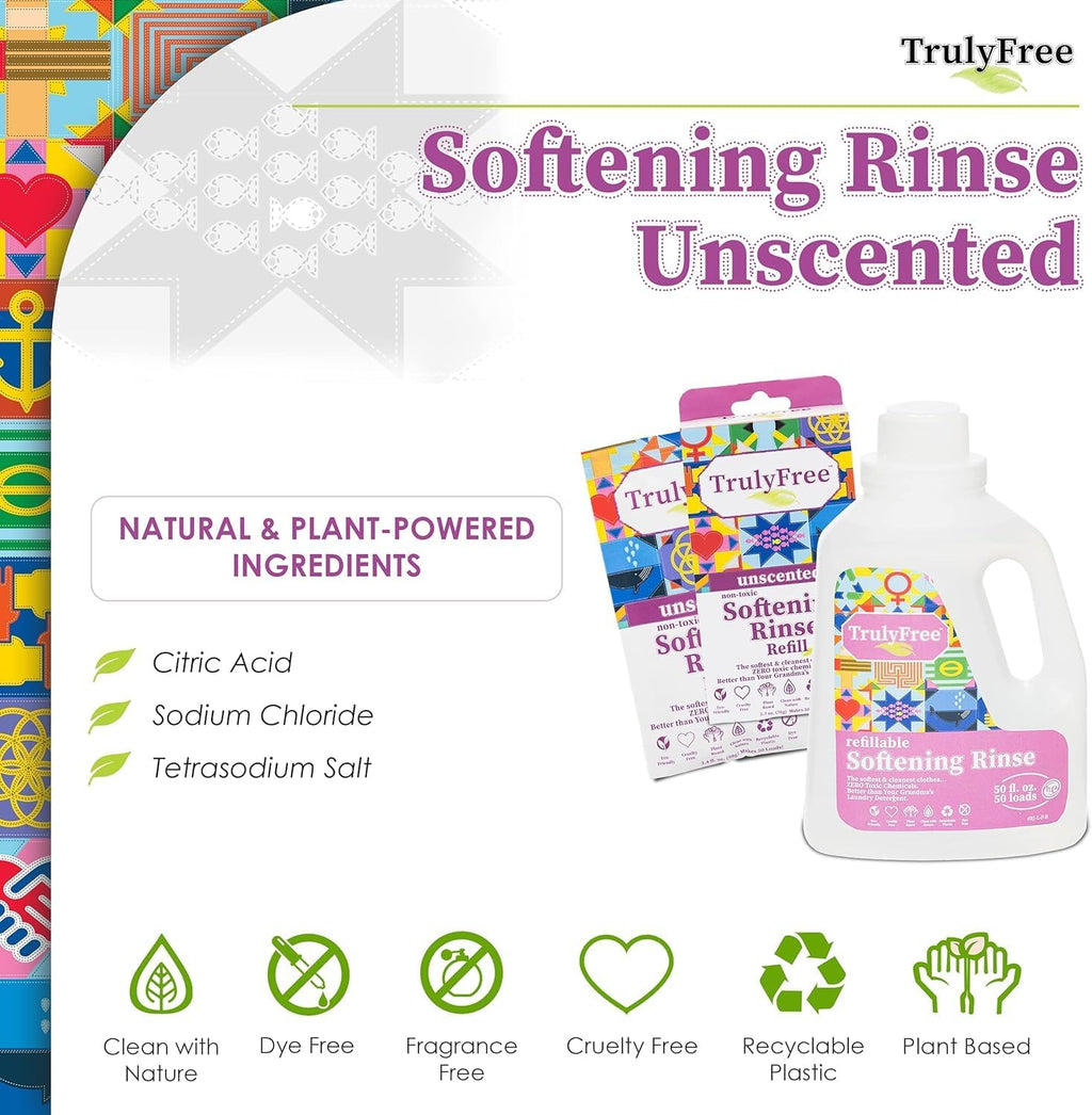 Truly Free Fabric Softening Conditioner for Clothes| Safe for Babies & Kids with Sensitive Skin | Plant-Based | Includes 4 Refills | Unscented Rinse(200 Loads)