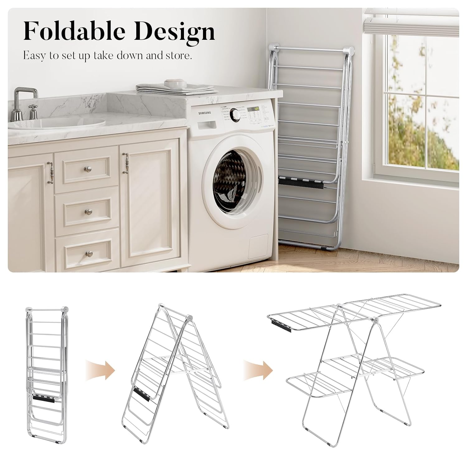 APEXCHASER Clothes Drying Rack with 4 Wings, Stainless Steel Drying Rack Clothing with Sock Clips, Metal Connectors, Height-Adjustable, Foldable Laundry Drying Rack, Indoor Outdoor Use, No Assembly