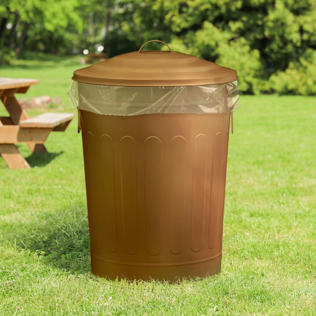 Plexon Round Trash Can 13 Gallon, Vintage Metal Outdoor Trash Can with Lid, Retro Farmhouse Garbage Container, Old School Modern Ash Bucket, Copper 6 Pack