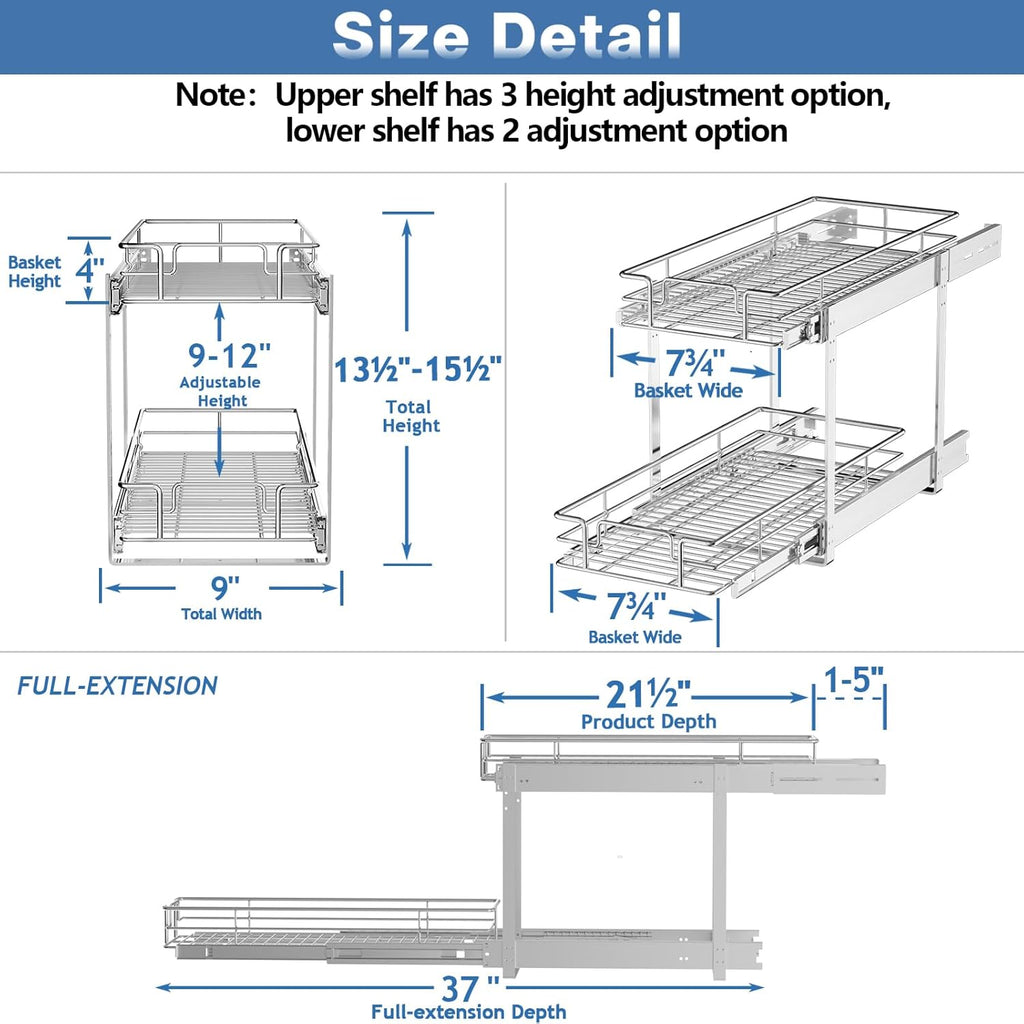 LOVMOR 2 Tier Individual Pull Out Cabinet Organizer 9" W x 21½" D, Slide Out Kitchen Cabinet Storage Sliding Shelves