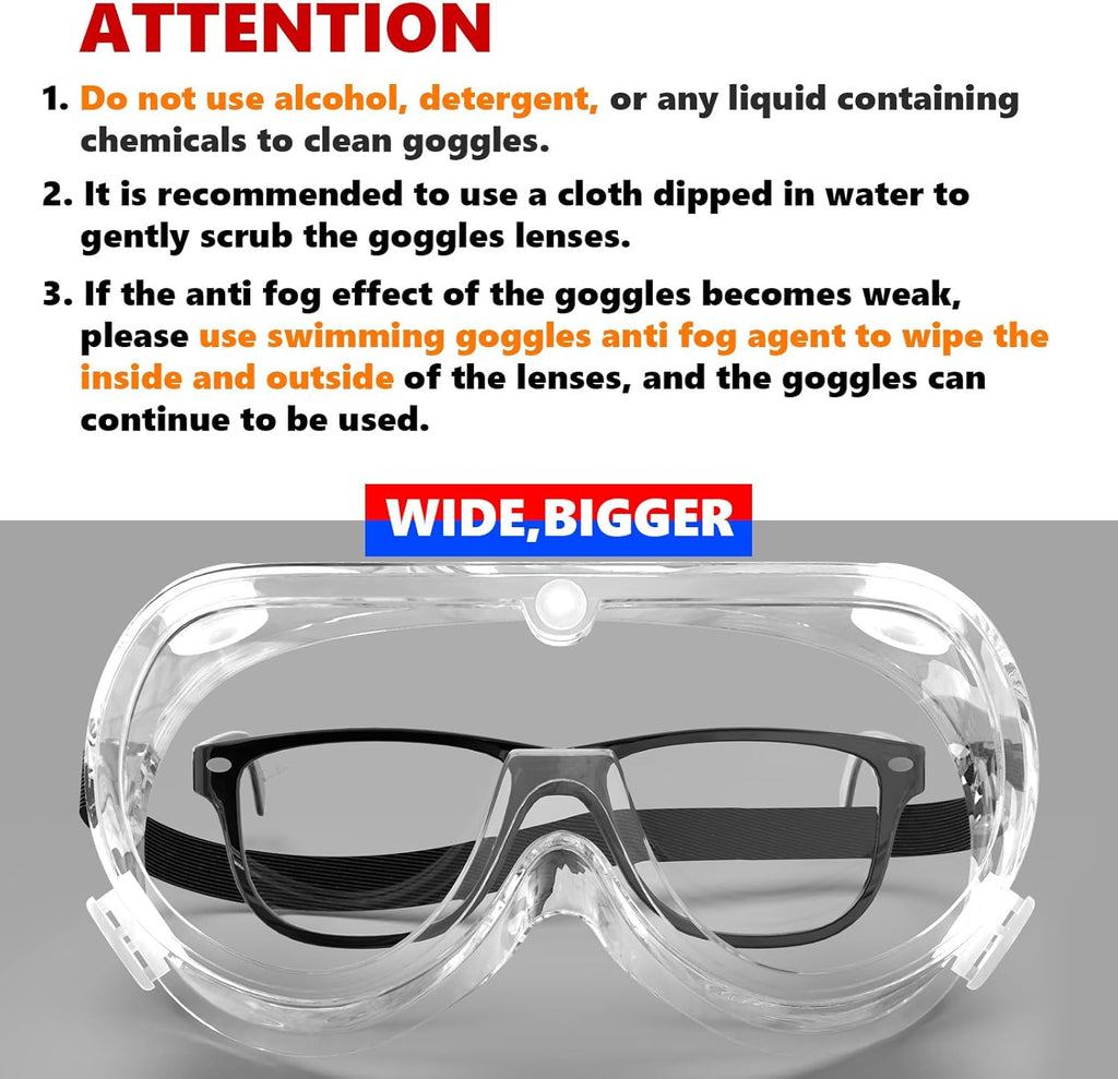 Super More Anti-Fog Protective Safety Goggles Clear Lens Wide-Vision Adjustable Chemical Splash Eye Protection Soft Lightweight Eyewear