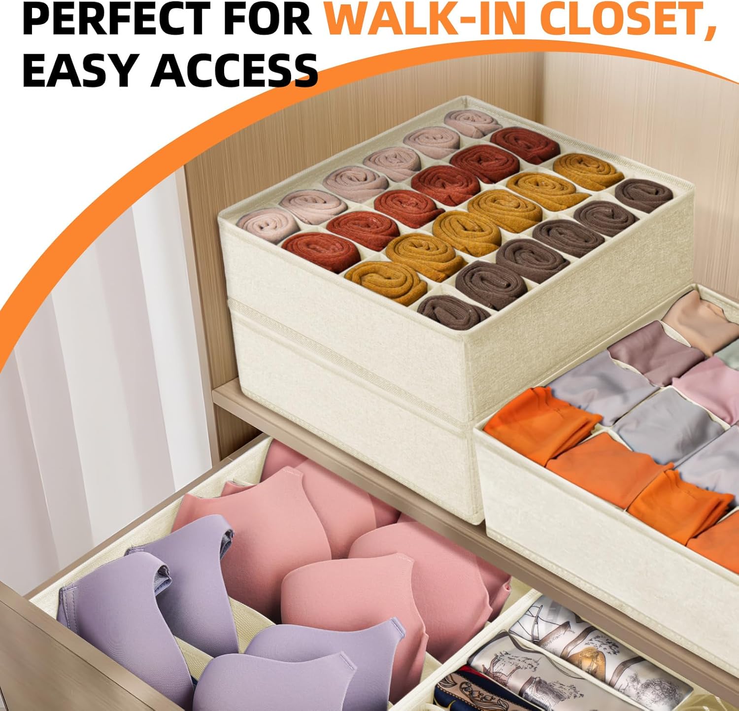 Criusia 6 Pcs Drawer Organizer Clothes - 90 Cells Closet Organizers and Storage for Baby Nursery - Washable Fabric Dresser Organizer Dividers for Sock Underwear Bra Dorm Room Essentials (Beige)