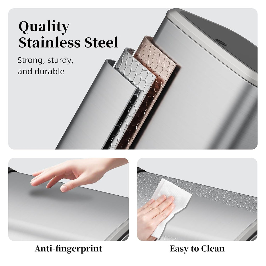 2.1 Gallon Bathroom Trash Can with Lid Press Top, 8 Liter Stainless Steel Garbage Can with Press Type Lid, Slim Trash Bin Waste Basket for Toilet, Office, Bedroom, Living Room (Silver)