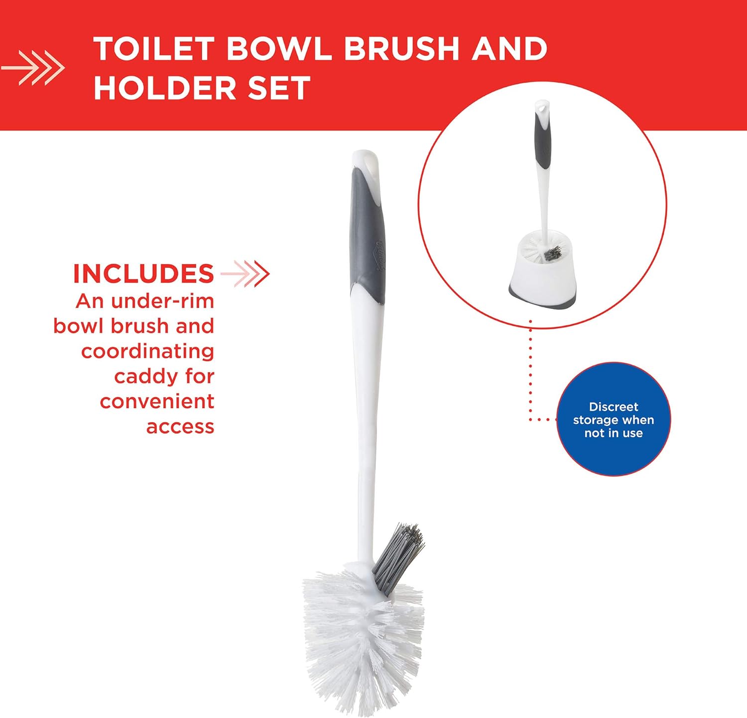 Clorox Under-Rim Toilet Bowl Brush with Corner Storage Caddy, 16 x 5 x 5.5 in