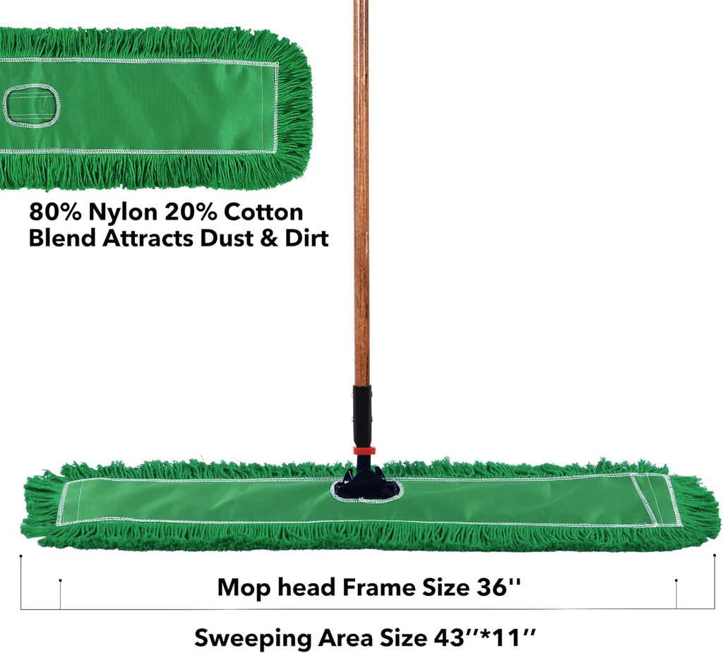 Matthew Cleaning 36'' Industrial Strength Cotton Dust Mop Refill Washable Replacement Heads for Residential & Commercial Use Fit Standard Dust Mop Frames, Hardwood, Concrete Floors Green 12 Pack
