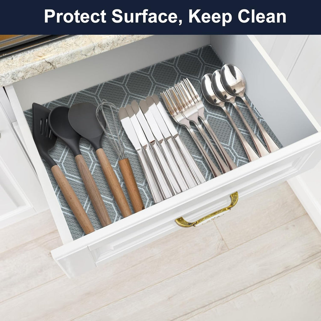 Non Adhesive Shelf Liner, Waterproof Drawer Liners for Kitchen Cabinet Refrigerator, No Slip Bathroom Sink Liners, Cupboard Fridge Liner EVA Place Mat Roll -17.5" x 118" Grey