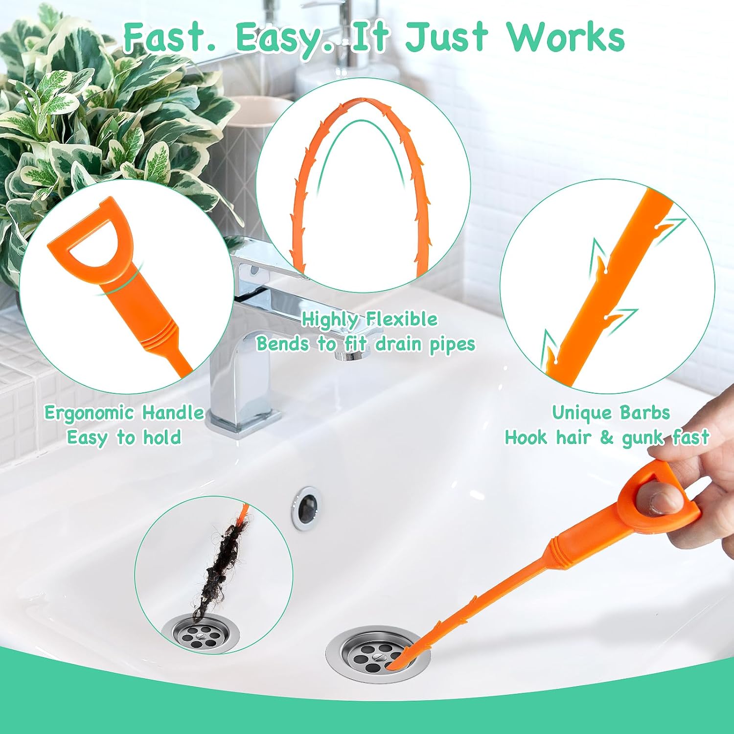 20PCS Drain Clog Remover Tool Set – 59” Drain Snake (2), 37” Snake Drain Hair Removal Tool (2), 25” Plumbing Snake (4), 24” Sink Snake (1), 18” Sink Drain Cleaner Tool (1), Straw Cleaning Brushes (10)