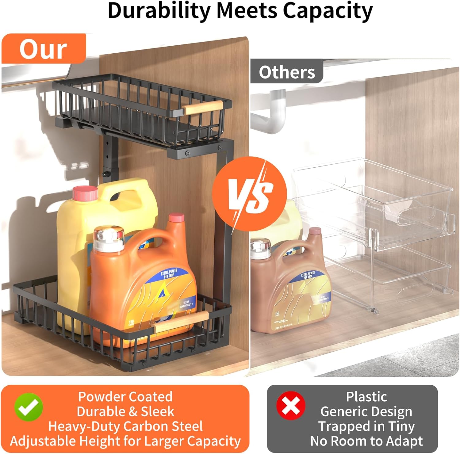 Under Sink Organizer, 2 Pack Under Sink Organizers and Storage, 2-Tier Pull Out Under Cabinet Organizer Storage Shelf, Metal Frame, Height Adjustable Rack for Bathroom Kitchen Pantry