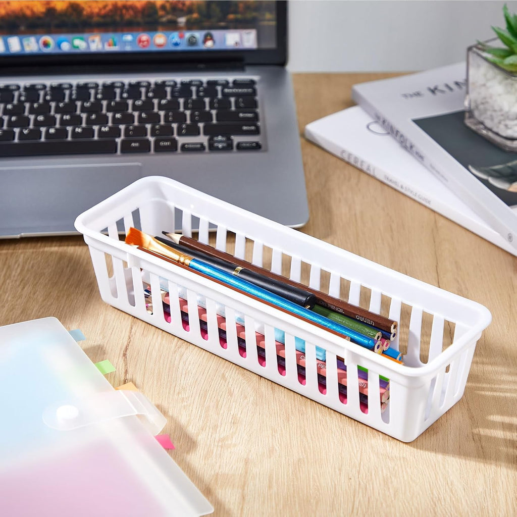Domensi 12 Pack Slim Plastic Storage Baskets Tray for Organizing 10.25 x 3.25 x 2.5 Inch Small Narrow Storage Bins Stackable Drawer Pencil Trays Holder for Desk Garage Cabinet Containers(White)