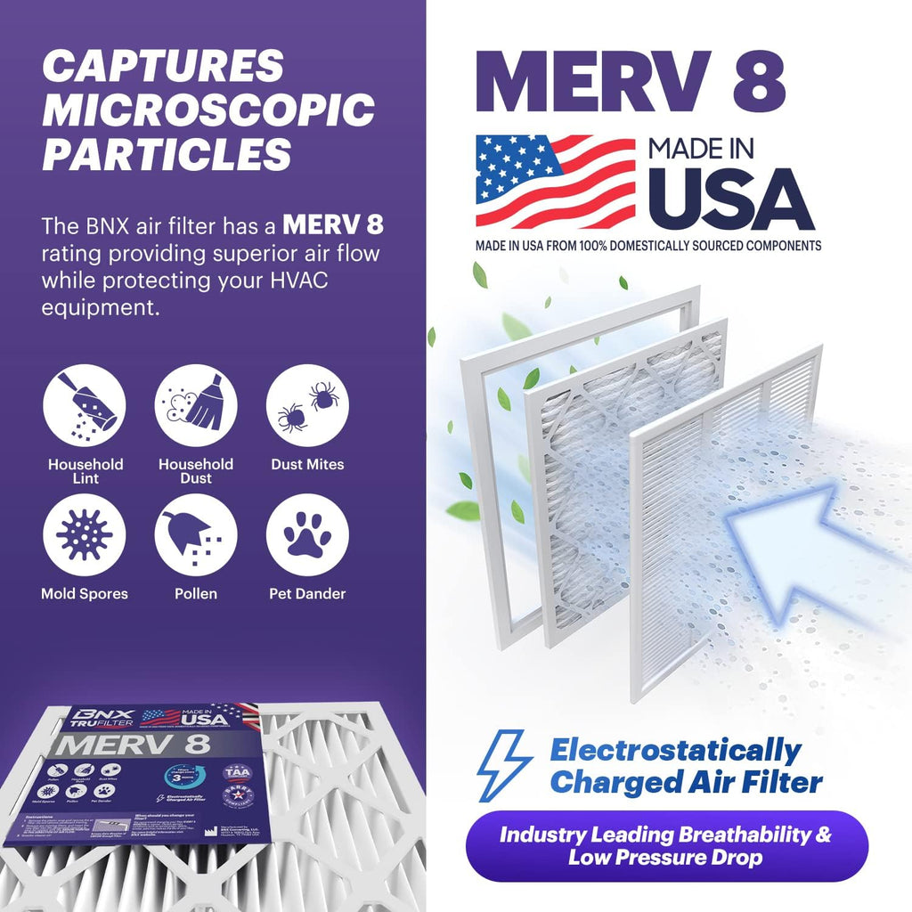 BNX TruFilter 16x20x1 Air Filter MERV 8 (6-Pack) - MADE IN USA – Dust & Pet Defense Electrostatic Pleated Air Conditioner HVAC AC Furnace Filters for Dust, Pet, Mold, Pollen MPR 600 – 700 & FPR 5