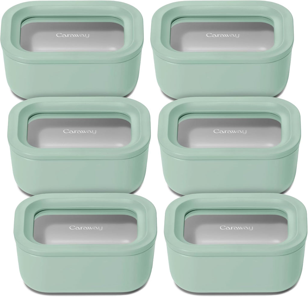 Caraway 6pc Glass Food Storage Set - 2.6 Cup Storage Containers For Food (6) - Non-Toxic Ceramic-Coated Glass - Air Release Technology - Compact & Stackable Design - Mist
