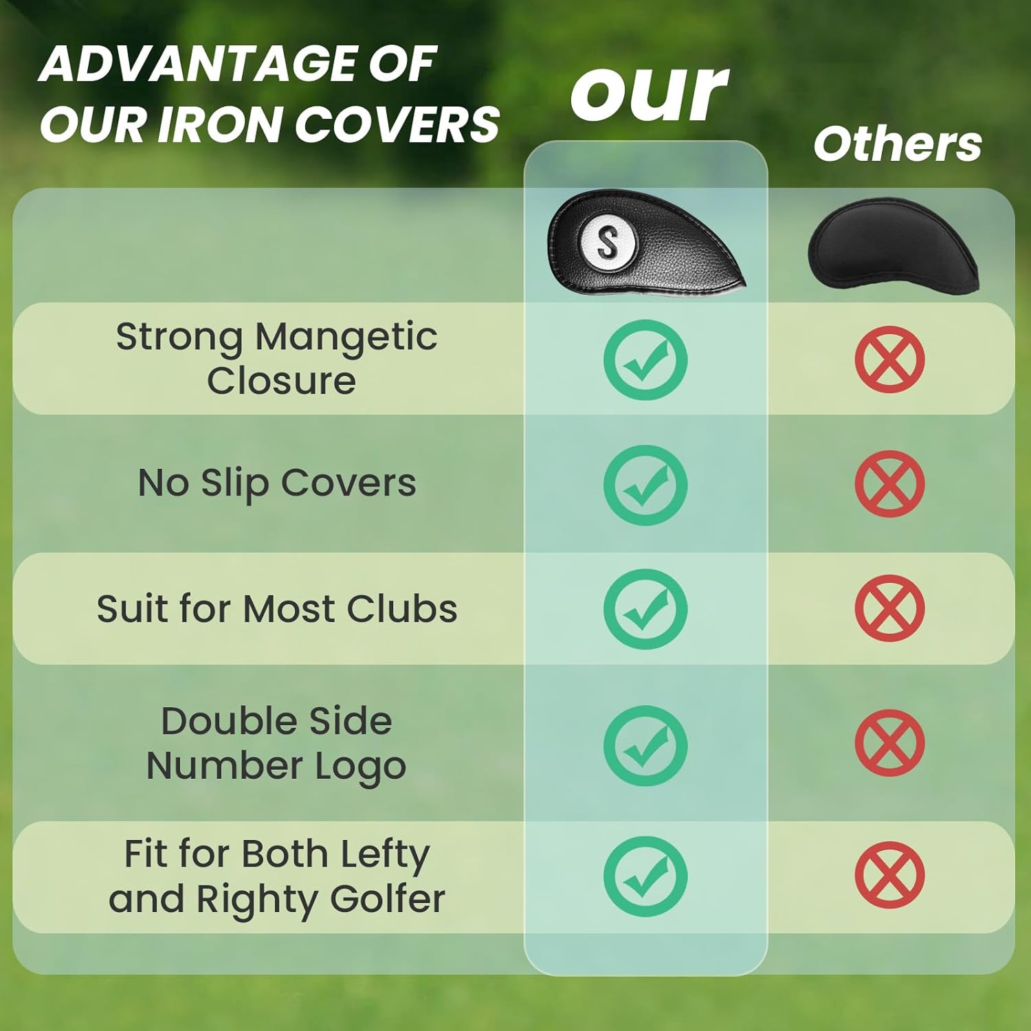 FINGER TEN Golf Club Covers for Irons Magnetic Value 11 Pack, Synthetic Leather Deluxe Head Cover Set Headcovers for Irons Fit Main Iron Clubs
