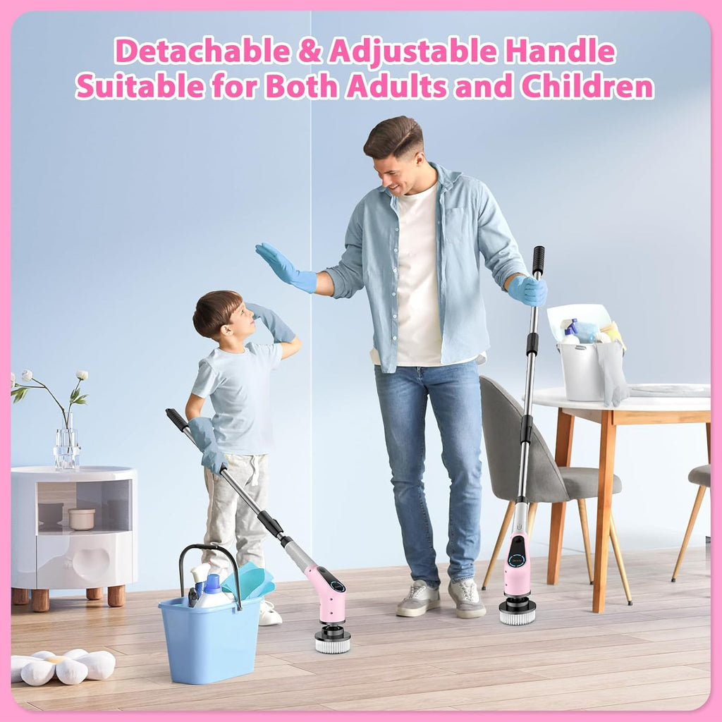 Electric Spin Scrubber, Cordless Cleaning Brush, Shower Scrubber with 8 Replaceable Brush Head, Power Cleaning Brush with Extension Handle, 2 Adjustable Speed, for Bathtub Tile Floor (Pink)