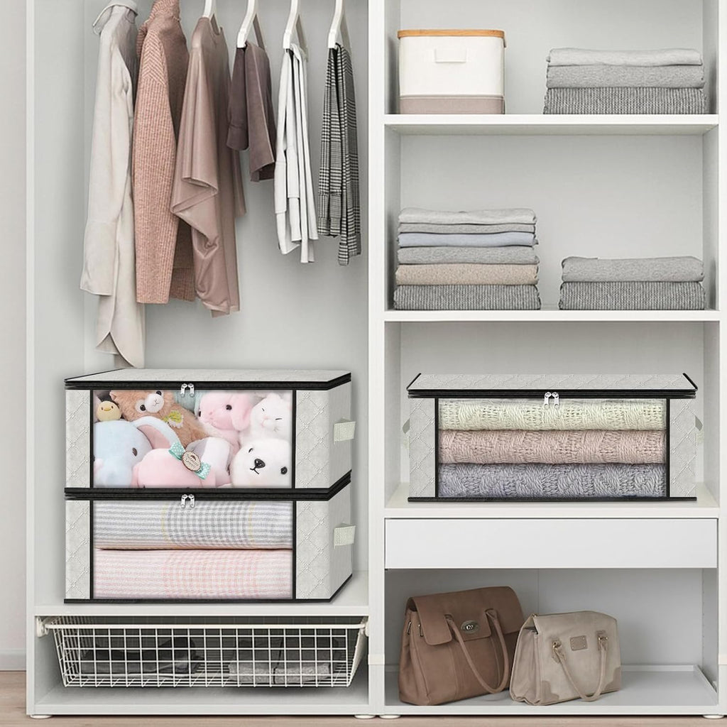 HomeHacks Storage 4-Pack Clothes Organizer Storage Bags Foldable Storage Box with Large Clear Window Sturdy Handles for Closet, Dorm, Pillows, Bedding, Clothes, Blankets, 35L, Ivory