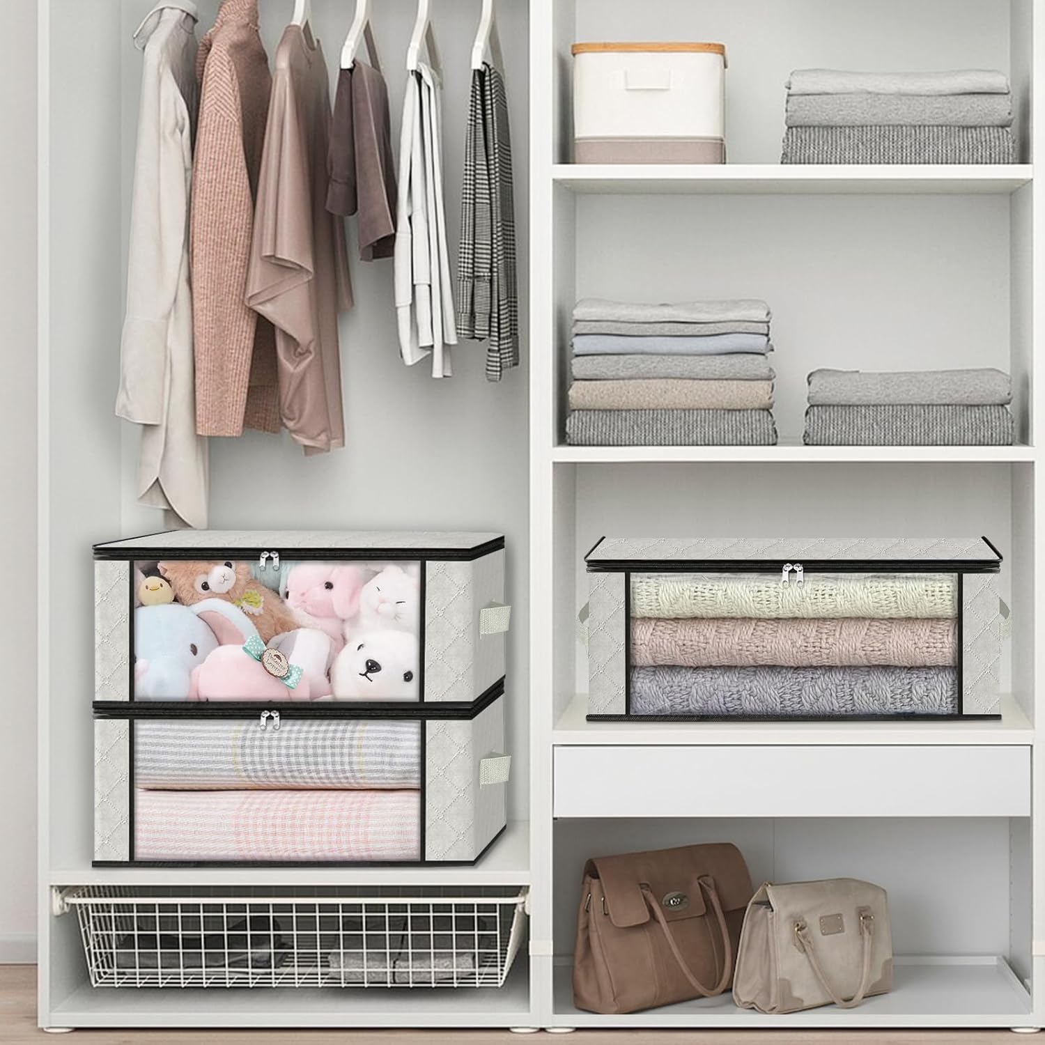 HomeHacks Storage 4-Pack Clothes Organizer Storage Bags Foldable Storage Box with Large Clear Window Sturdy Handles for Closet, Dorm, Pillows, Bedding, Clothes, Blankets, 35L, Ivory