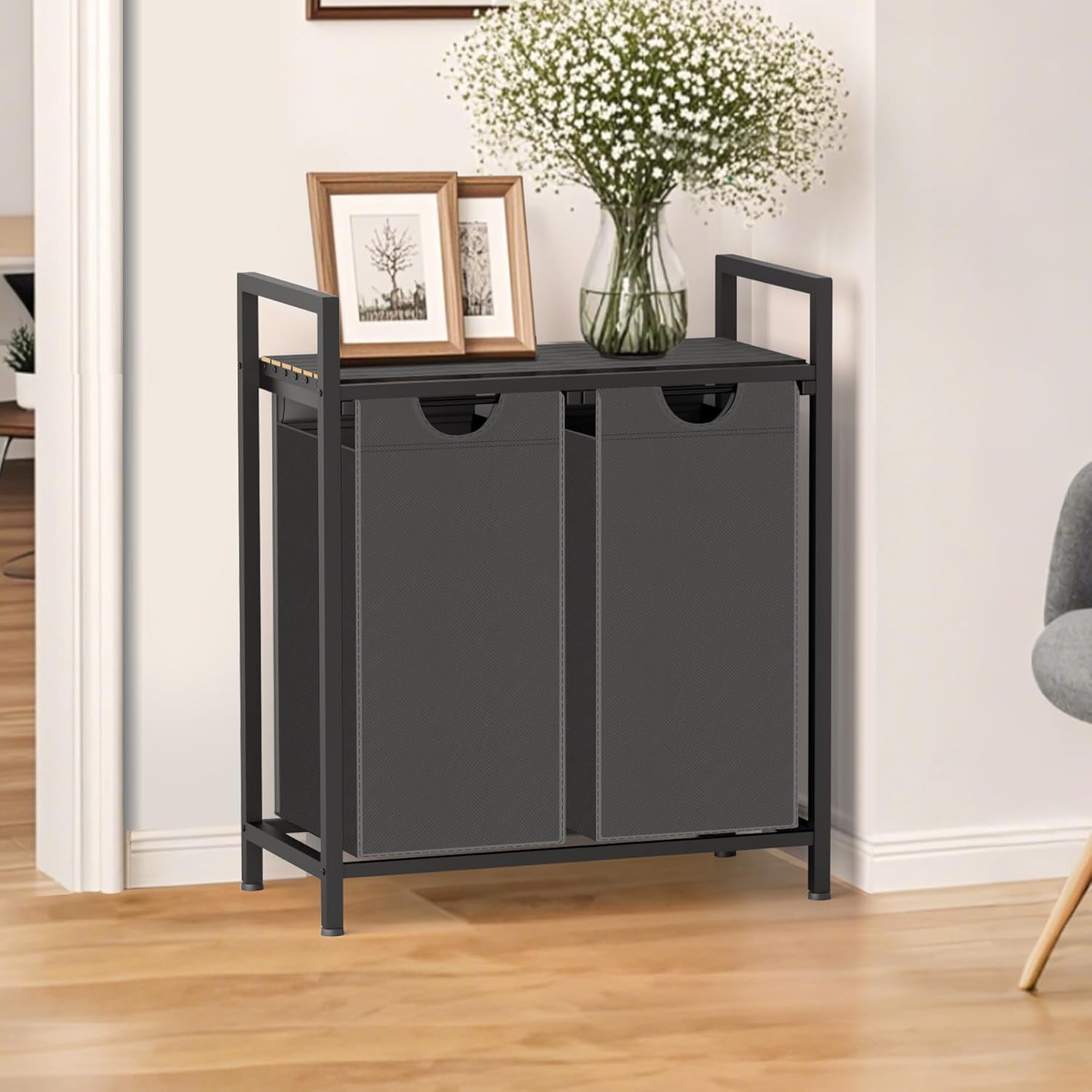 Laundry Hamper, Laundry Sorter with 2 Pull-Out Removable Oxford Fabric Bags Cloth Laundry Basket 2 x 10 Gallons (Grey and Charcoal Black)