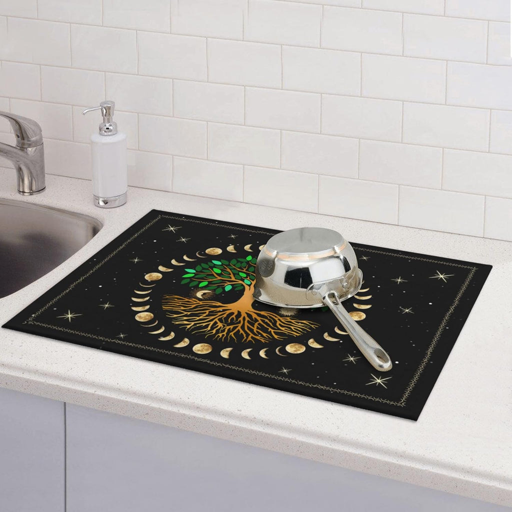 Black Microfiber Dish Drying Mat for Kitchen Counter 18"x24" Ancient Life Tree Decorative Dishes Pad Dish Drainer Rack Mats Absorbent Washable Reusable Moon Luna Hippy Decor