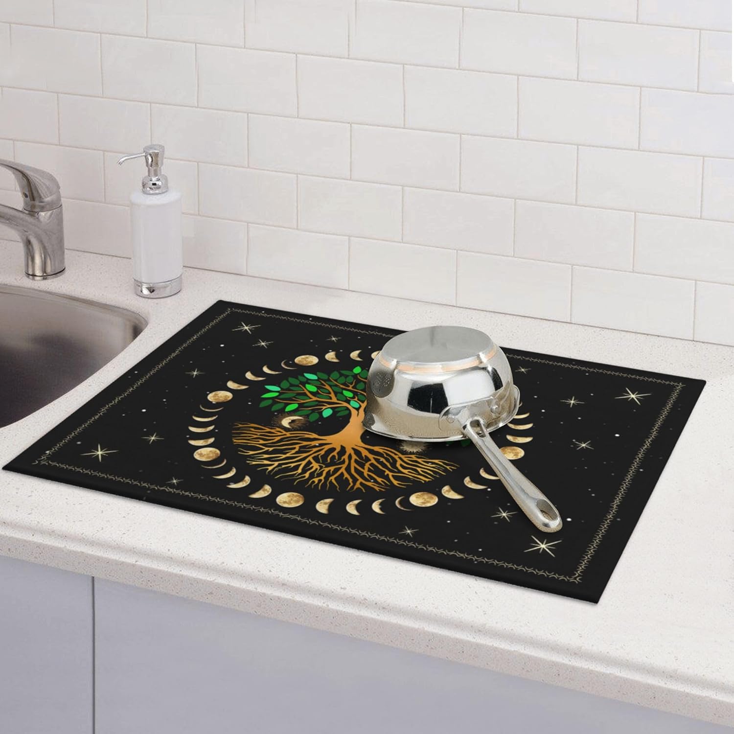 Black Microfiber Dish Drying Mat for Kitchen Counter 18"x24" Ancient Life Tree Decorative Dishes Pad Dish Drainer Rack Mats Absorbent Washable Reusable Moon Luna Hippy Decor