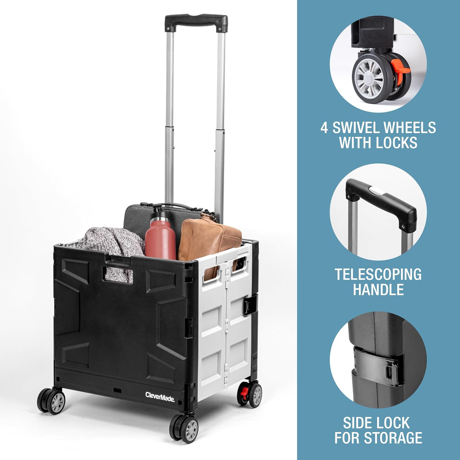 CleverMade Collapsible Wheeled Crate with Lid, 4-Wheels - Swivel and Glide Rolling Crate with Handle and Double Wheels for Easy Transport and Versatile Use - 35L and 75lb Capacity, Black/Cream