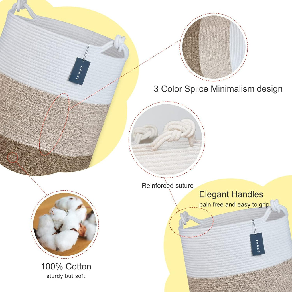 COMSE Extra Large Blanket Basket, Tall Woven Storage Basket, Nursery Hamper, 15.7”x 21.7”, Cotton Rope Laundry Hamper for Toys Clothes Towels, White/Gradient Brown