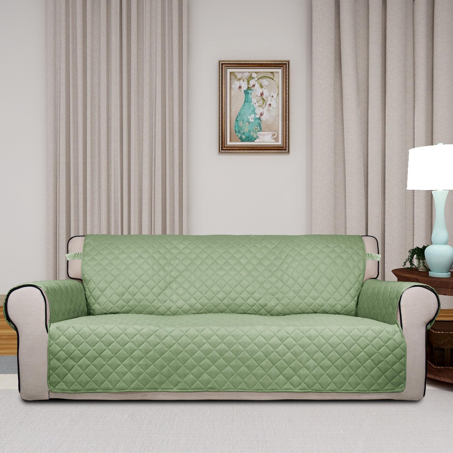 PureFit Reversible Quilted Sofa Cover, Water Resistant Slipcover Furniture Protector, Washable Couch Cover with Non Slip and Elastic Straps for Kids, Dogs, Pets (Sofa, Sage Green/Ivory)