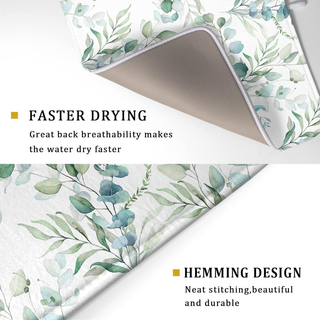 Sage Green Leaves Dish Drying Mats for Kitchen Counter 18x24 Inch, Leaves Kitchen Drying Mat,Watercolor Herbs Dishes Pad Dish Drainer Rack Mats Absorbent Fast Dry Kitchen Accessories