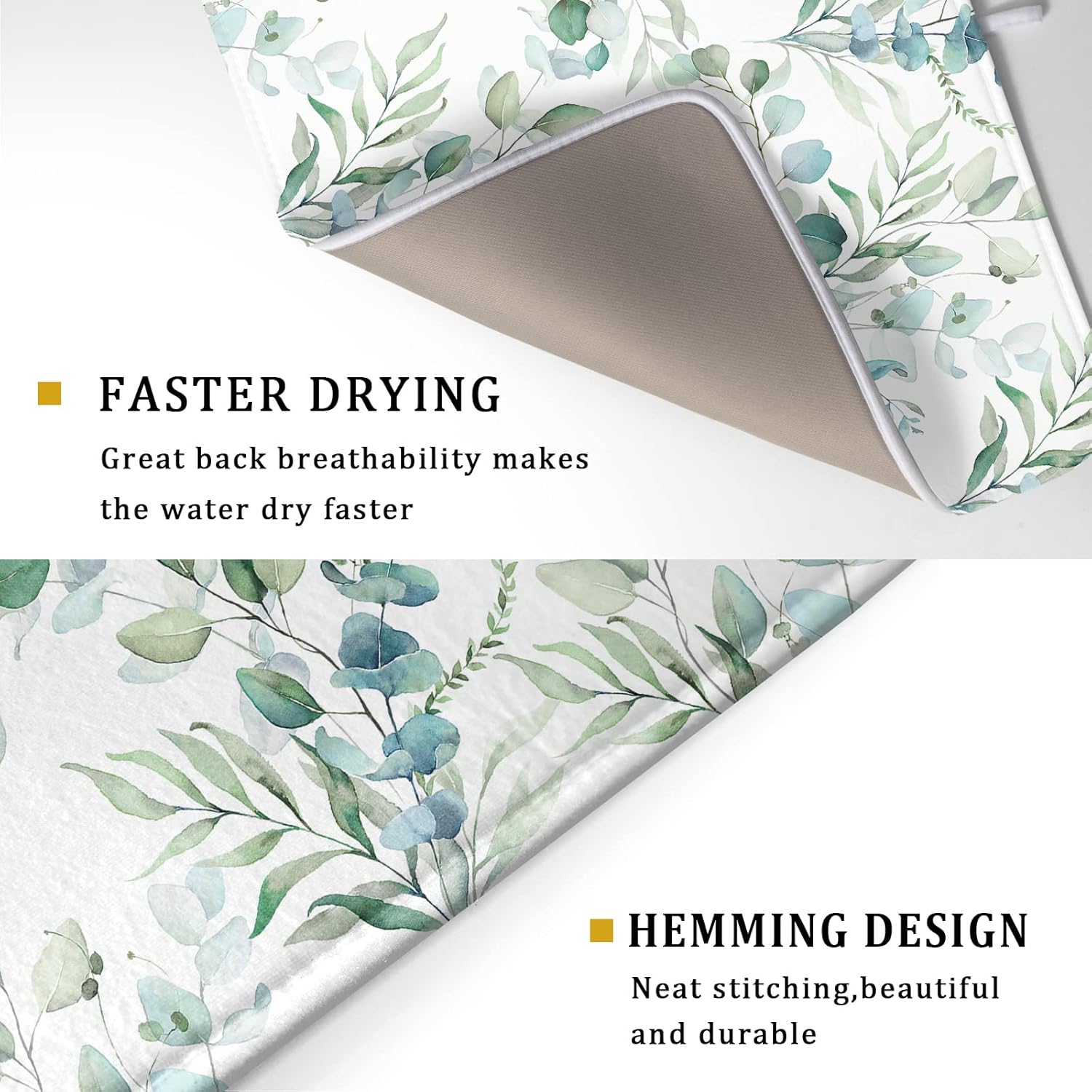 Sage Green Leaves Dish Drying Mats for Kitchen Counter 18x24 Inch, Leaves Kitchen Drying Mat,Watercolor Herbs Dishes Pad Dish Drainer Rack Mats Absorbent Fast Dry Kitchen Accessories