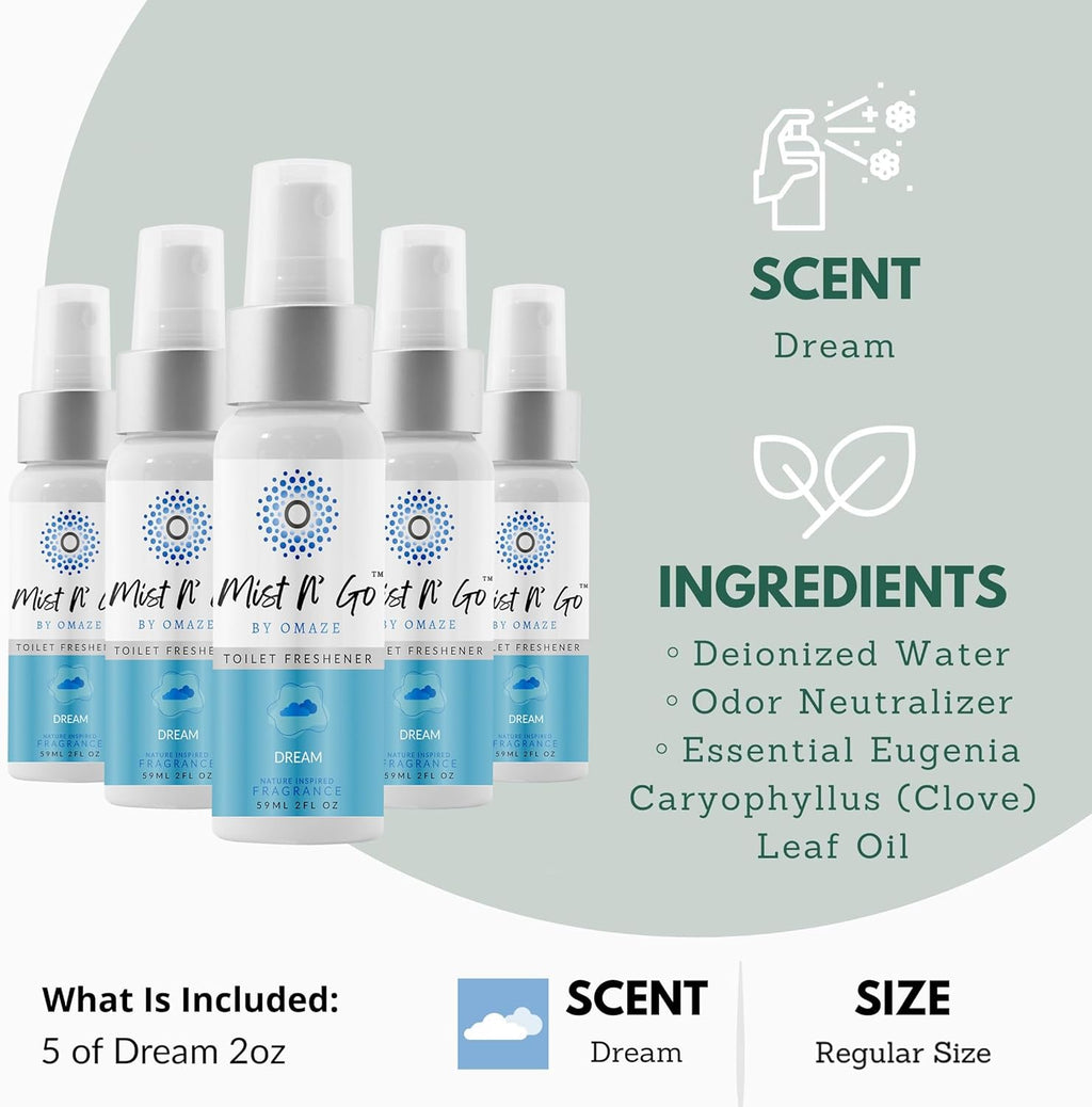Mist N’ Go by Omaze Travel Bathroom Spray for Toilet Spray Odor Eliminator - Travel Toilet Spray for Bathroom Air Freshener Spray for Bathroom Deodorizer - Dream Regular Size (2oz x5)