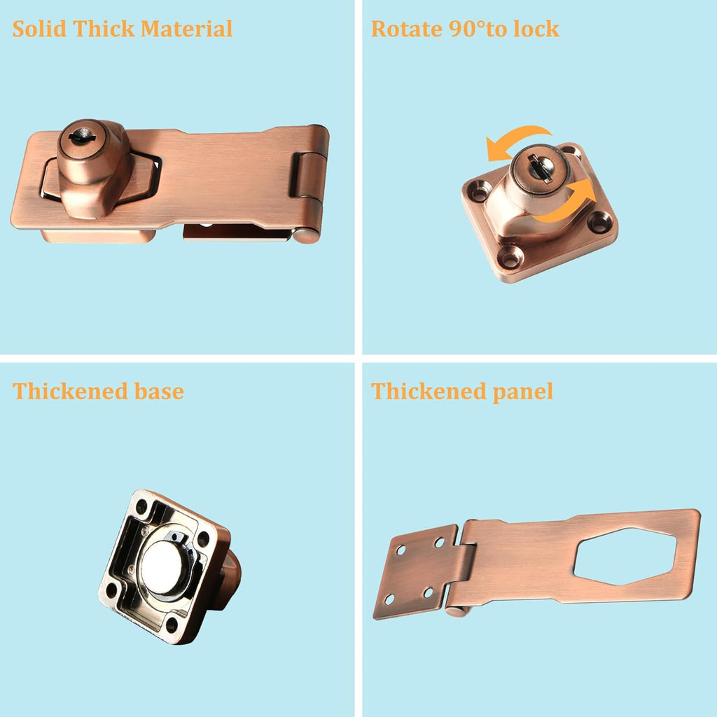 Alise Keyed Hasp Lock,4 Inch Safety Packlock Clasp Hasp Lock Latch with Lock,Door Hinge Lock with Keys Keyed Locking Hasp for Cabinets Closets Doors,Red Bronze