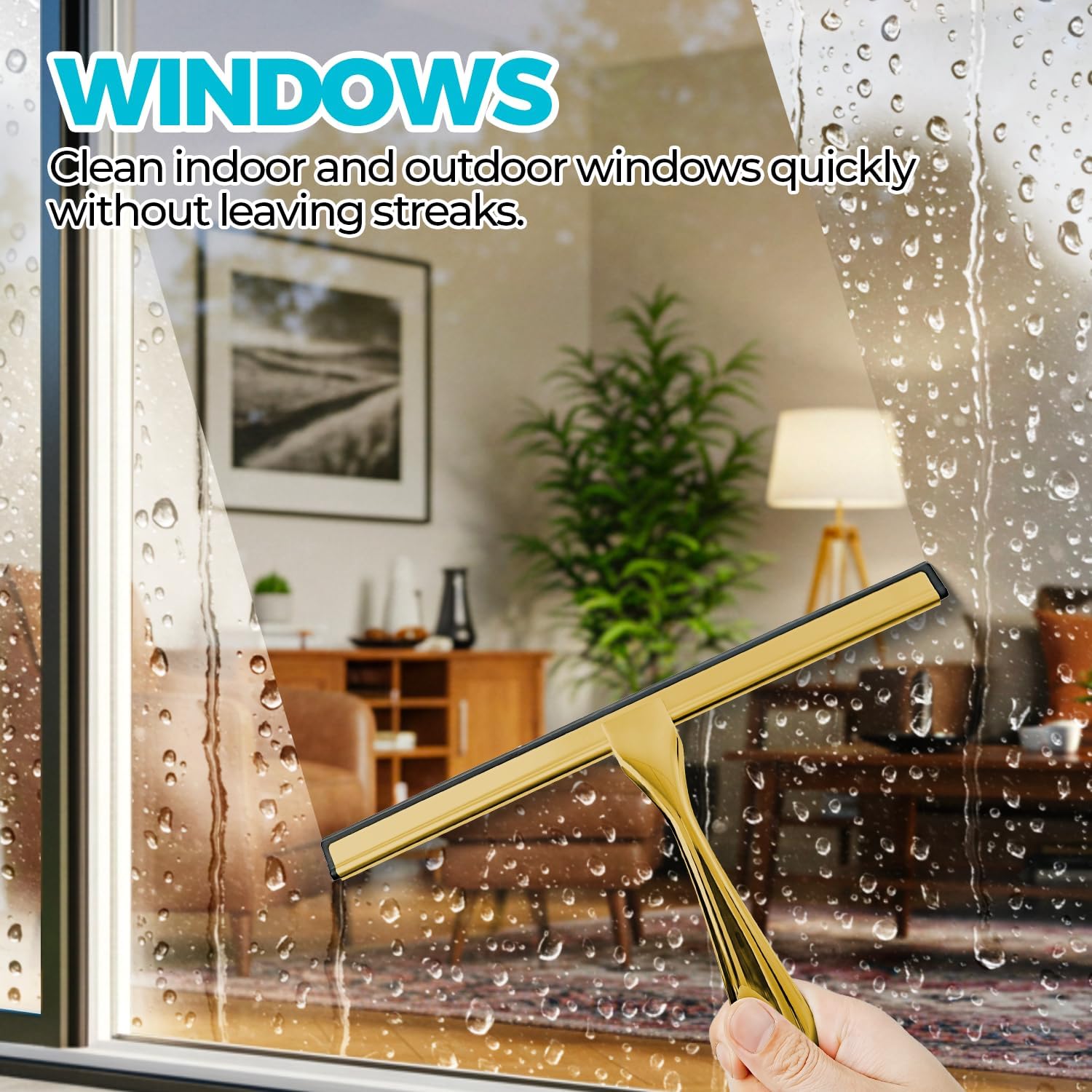 2PACK 10-Inch Golden All-Purpose Shower Squeegee for Shower Doors, Bath Linen Sets, Tile Shower Walls, Bathroom, Window, Glass and Car Windshield, Mirrors and Kitchen-Stainless Steel