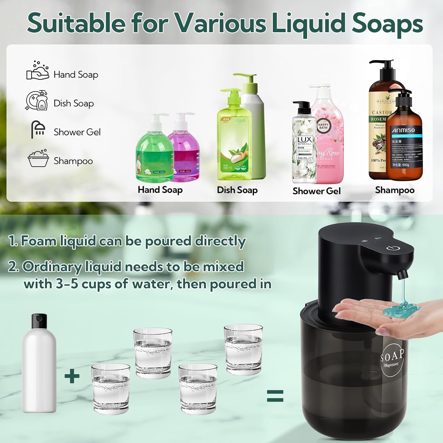 2 Pack Automatic Soap Dispenser, Touchless Automatic Liquid Soap Dispenser, Electric Wall Mounted Dispenser, 13.5oz/380ML USB Rechargeable with 4-Level Adjustment for Bathroom, Kitchen & Office