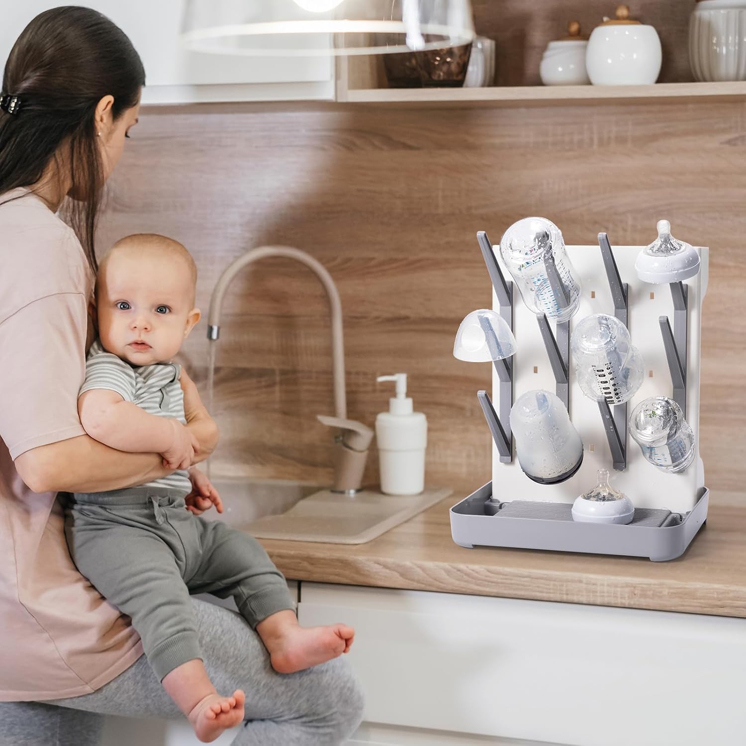 Space Saving Vertical Bottle Drying Rack, Large Countertop Baby Bottle Drying Rack Holder for Baby Bottles and Pump Parts, Gray