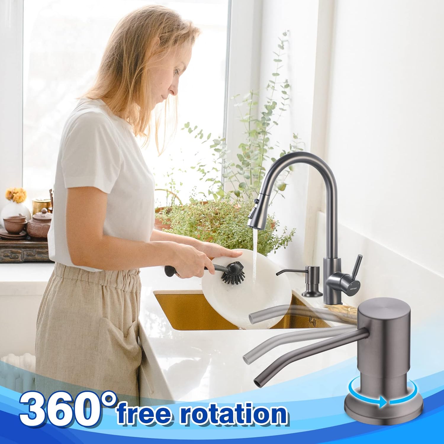 WEWE in Counter Soap Dispenser for Sink, Kitchen Faucet Soap Dispenser Kitchen Sink Matte Gray Black Stainless Steel Under Counter for Dish Detergent Liquid Sink