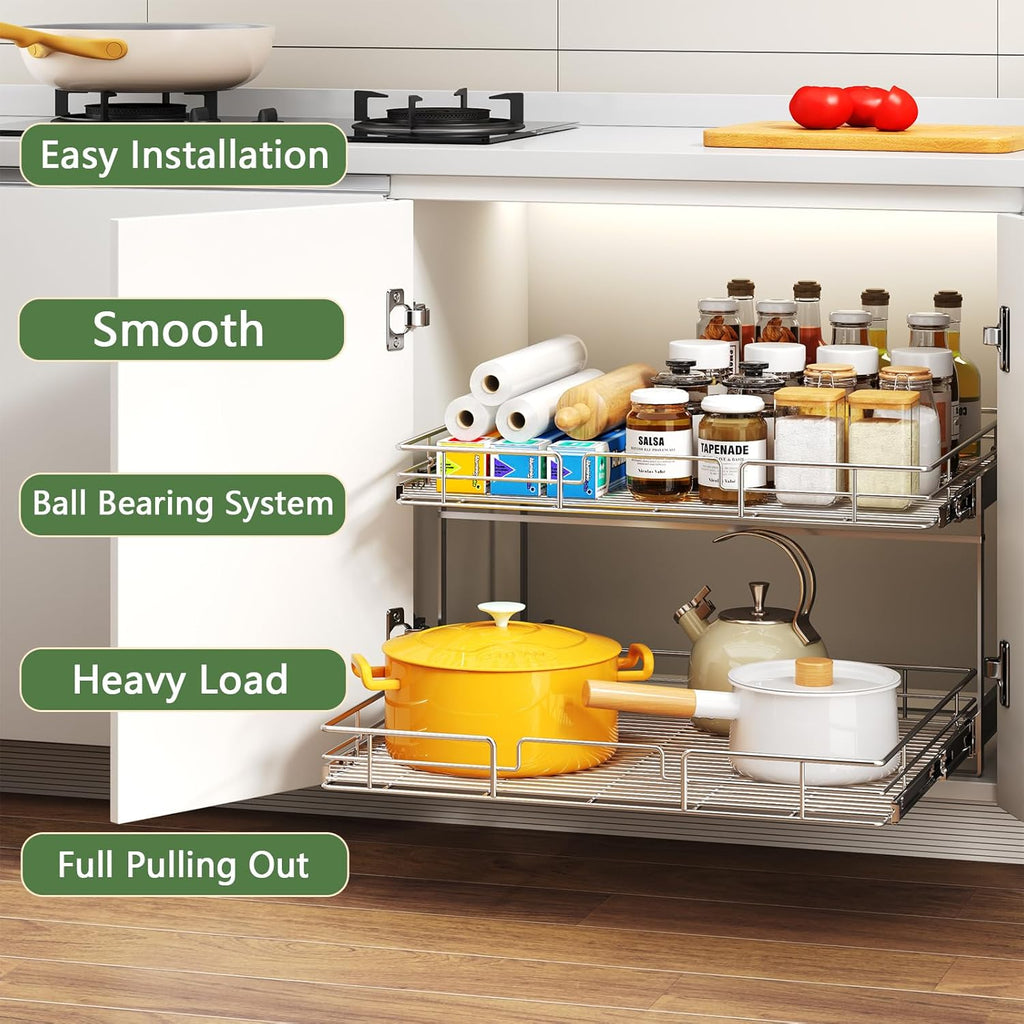2 Tier Individual Pull Out Cabinet Organizer 31½" W x 21½" D, Heavy Duty Cabinet Pull Out Shelves, Slide Out Drawers Organization for Kitchen Cabinets Bathroom