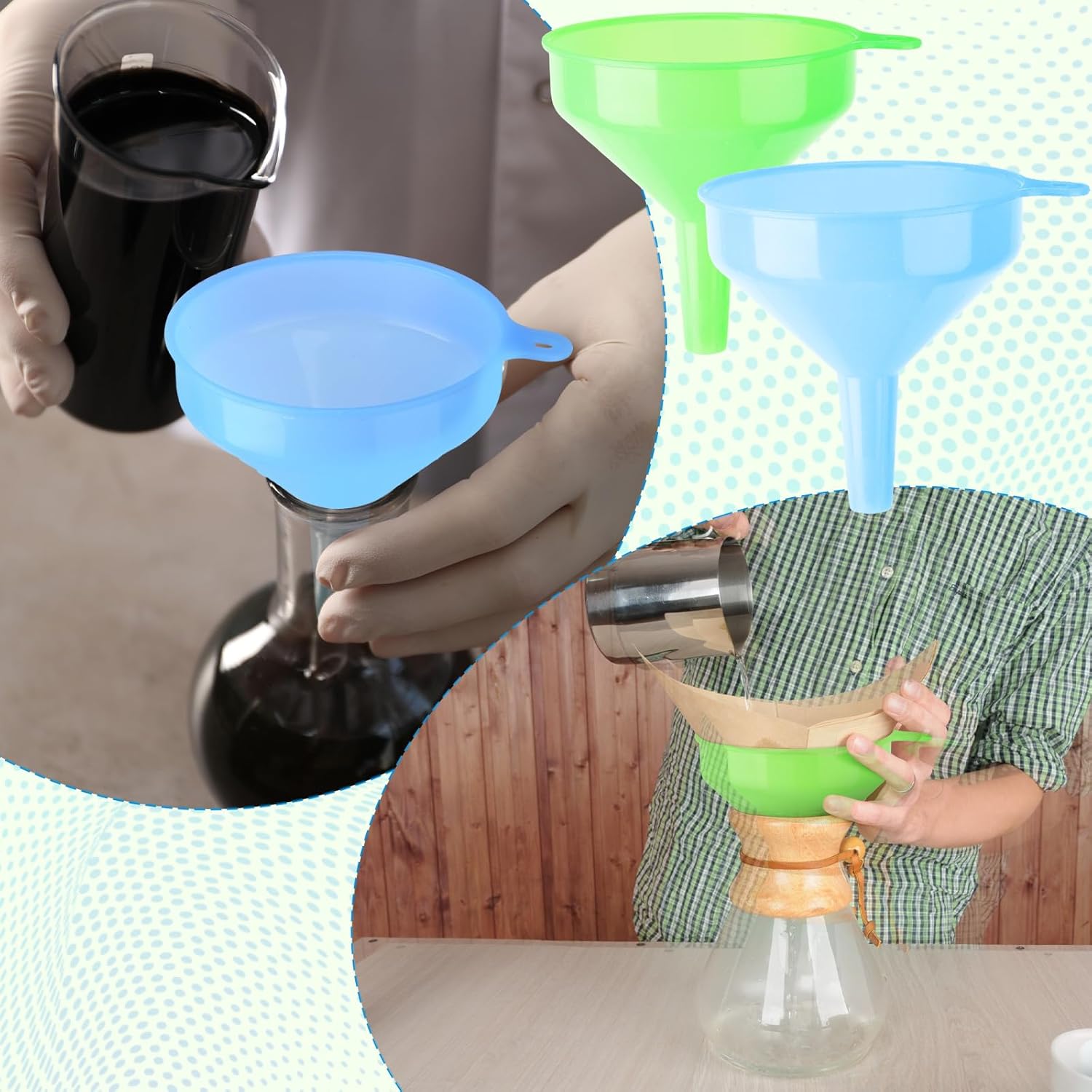 Honeydak 24 Pcs Multi-Purpose Plastic Funnels 4.7 Inch Wide Mouth Funnels for Filling Bottles, Jars, Containers Lab Use Oil Funnel for Gas, Car Oil, Lubricants and Fluids (Pink,Blue,Green)