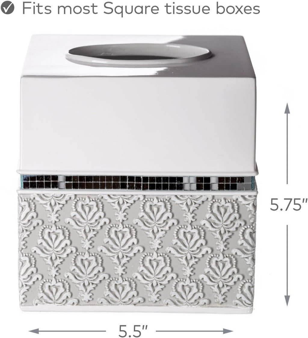 Creative Scents Mirror Damask Square Tissue Box Cover - Decorative Bathroom Tissues Paper Holder, Modern Napkins Container, Bottom Slider, for Cute Elegant Bathroom Decor (White & Gray)