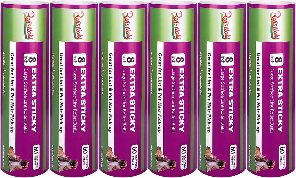 8 inch Large Surface Roller Refill Compatible with Scotch-Brite Pet Hair Pickup Extra Sticky Large Lint Roller Replacement 60 Easy-Tear Adhesive Sheets per Refill Pack of 6 Rolls 360 Sheets Total