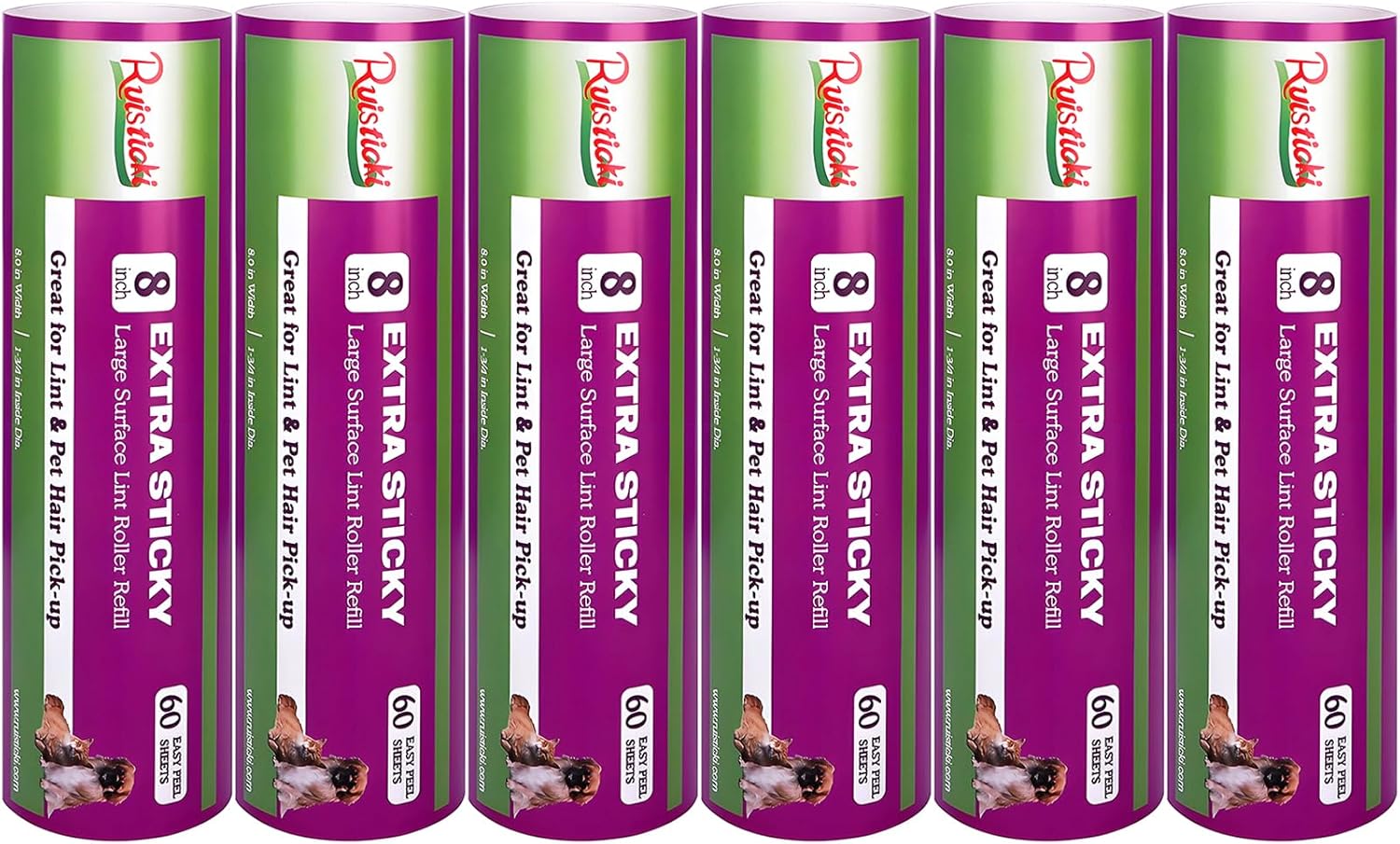 8 inch Large Surface Roller Refill Compatible with Scotch-Brite Pet Hair Pickup Extra Sticky Large Lint Roller Replacement 60 Easy-Tear Adhesive Sheets per Refill Pack of 6 Rolls 360 Sheets Total