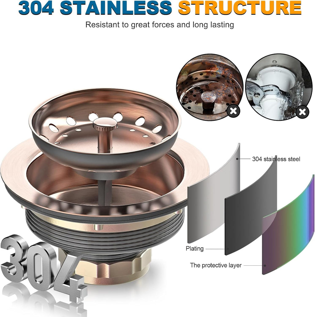 BOTEMY Stainless Steel Copper Sink Drain Strainer Kit 3-1/2 inch Kitchen Drain Assembly with Metal Center Knob Basket Stopper Replacement for Standard Kitchen Sinks, Antique Copper