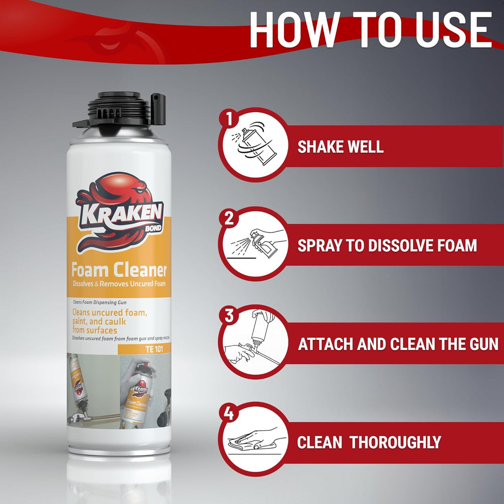 Kraken Bond Spray Foam Gun Cleaner - (1x12.3oz) Polyurethane Foam Insulation Cleaner Spray, Dissolves Uncured Expanding Foam, Foam Cleaner Spray for Extended Tool Durability - 1 Pack