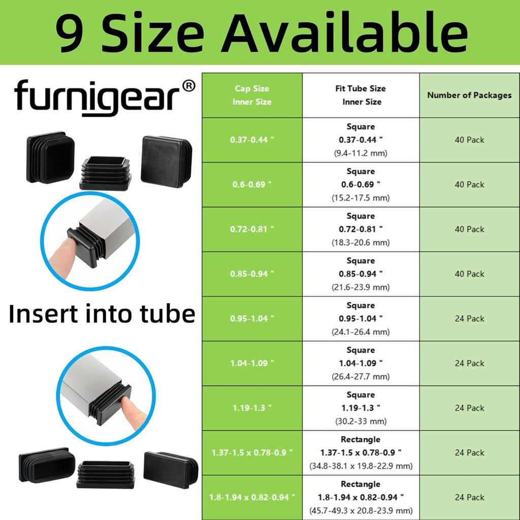 Furnigear Plastic Plugs Tubing End Cap Chair End Caps Outside Bottom Tubing Caps Square Furniture Sliders Glides Black (40, Fit 0.6-0.69" Square Tube Inner Size)