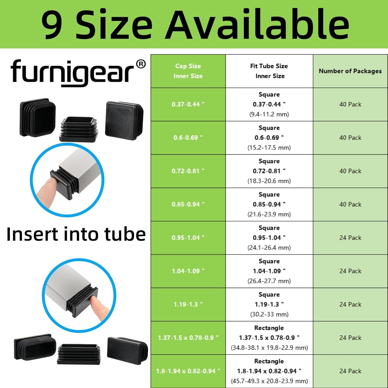 Furnigear Plastic Plugs Tubing End Cap Chair End Caps Outside Bottom Tubing Caps Rectangle Furniture Sliders Glides Black (24, Fit 1.37-1.5 x 0.78-0.9" Rectangle Tube Inner Size)