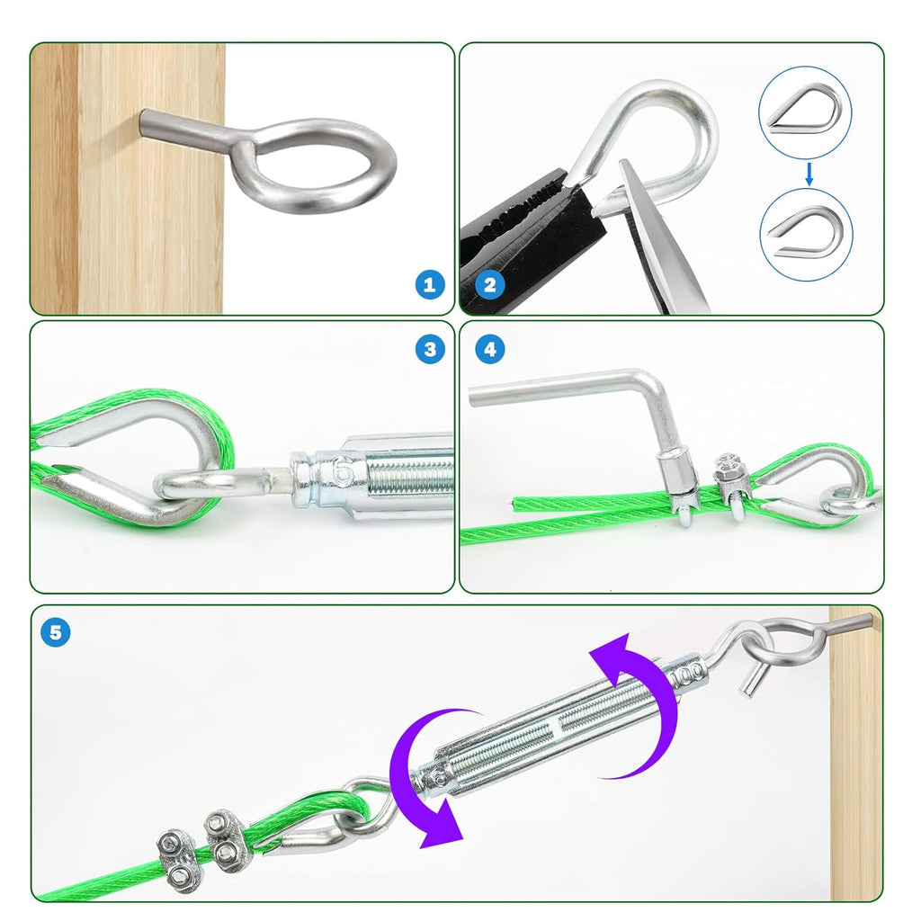 M6 Turnbuckles for Cables Wire, 3/16" Green PVC Coated Wire Rope Kit, Multi-use Steel Cable for Grape Vines/Clothes Line Outdoors for T Post/String Light Hanging/Garden Wire