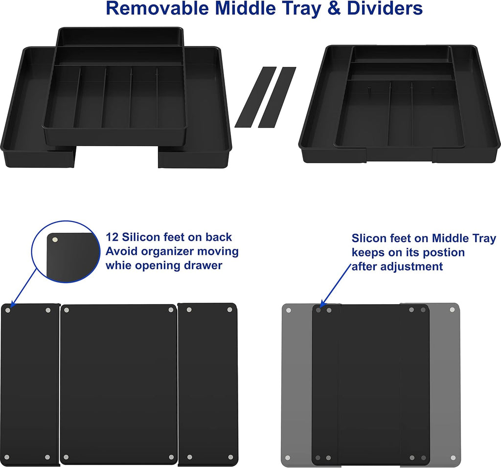 Simple Houseware Expandable Kitchen Drawer Flatware Organizer, Black – Adjustable Cutlery Tray with 9 Compartments for Utensils and Silverware