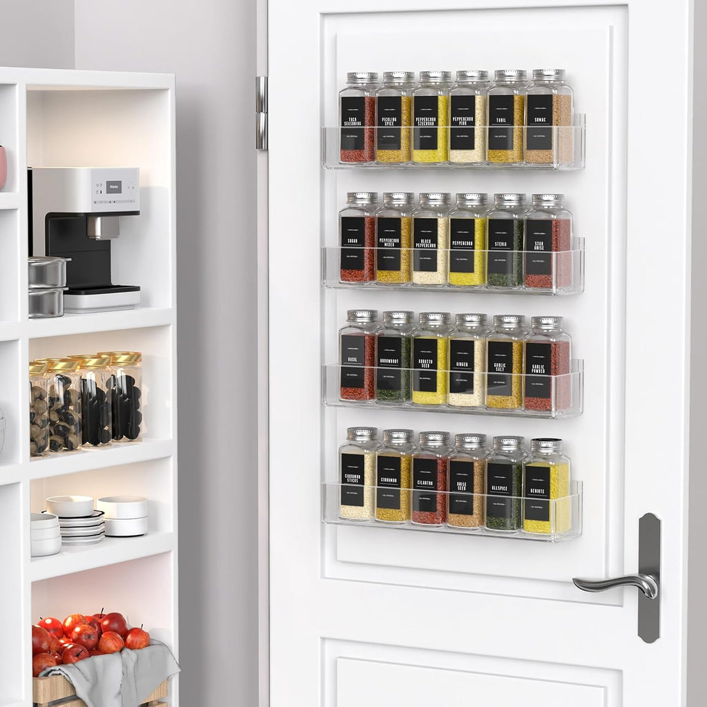 PMMASTO Adhesive Acrylic Spice Rack Organizer with 12 Empty Square Spice Jars, 238 Spice Labels with Chalk Marker and Funnel Complete Set for Kitchen Cabinet/Pantry Door (Clear - 2 Pack)