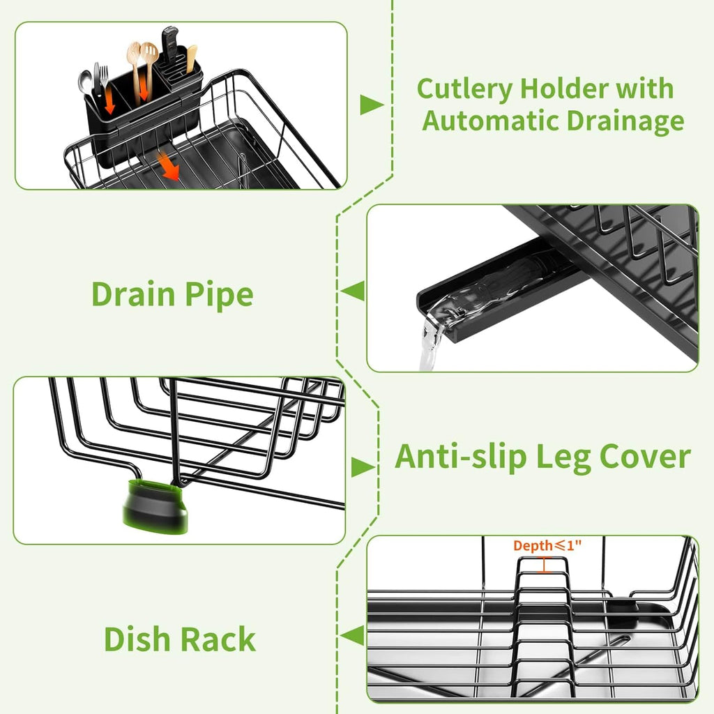 Dish Drying Rack with Drainboard for Kitchen Counter, Large Capacity Durable Rustproof Stainless Steel Dish Drainer Rack with Removable Flatware Caddy -Black