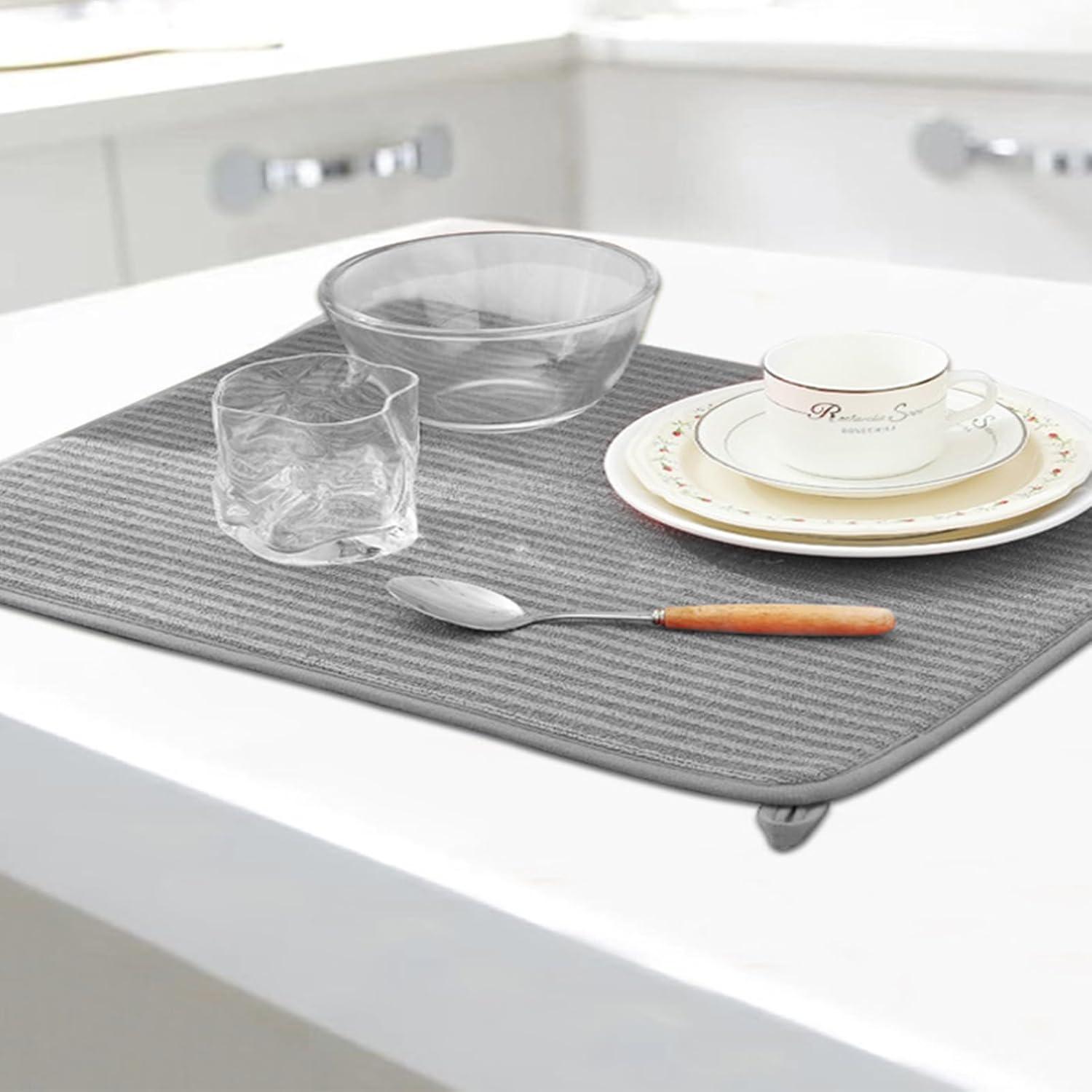 2 Pack Large Dish Drying Mat for Kitchen Counter,24*17 inch Microfiber Absorbent Dish Drainer,Large Size Dish Drying Pad for Countertops,Draining Racks,Sinks(Gray)