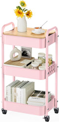 3 Tier Rolling Cart with Table top, Metal Rolling Utility Cart, Sturdy Storage Organizer Cart with Locking Wheels & Hooks for Office, Classroom, Kitchen and Bathroom，Pink
