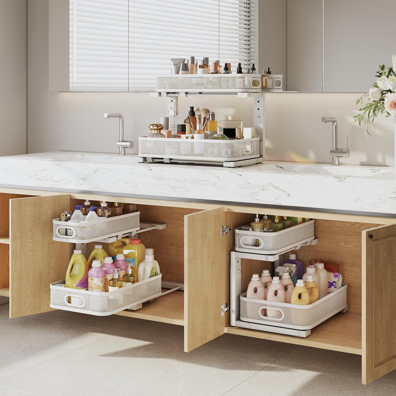 2 Pack Under Sink Organizer With Smooth Cylindrical Rail,2-Tier Pull Out Multi-Purpose Cabinet Storage for Bathroom&Kitchen,Height Adjustable,Rust-resistant Coating-White